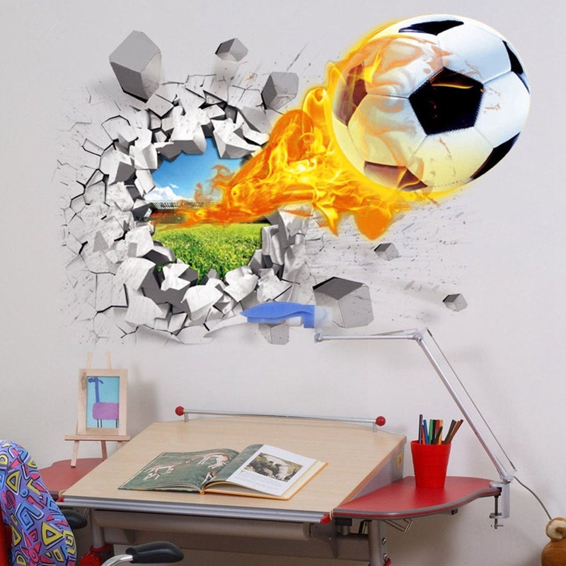 U-SharkÂ® 3D Self-Adhesive Removable Break Through The Wall Vinyl Football Soccer Wall Stickers/Murals Art Decals Decorator as Kids Birthday Gift (Flying Fire Football (19.7" X 27.6"/ 50 X 70cm)) - Image 1